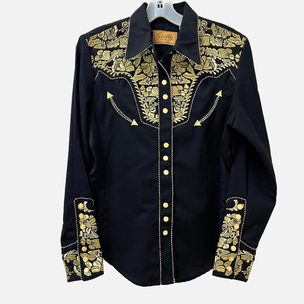 Scully Western Gold Metallic Embroidered Floral Pearl Snaps Women’s Size Small